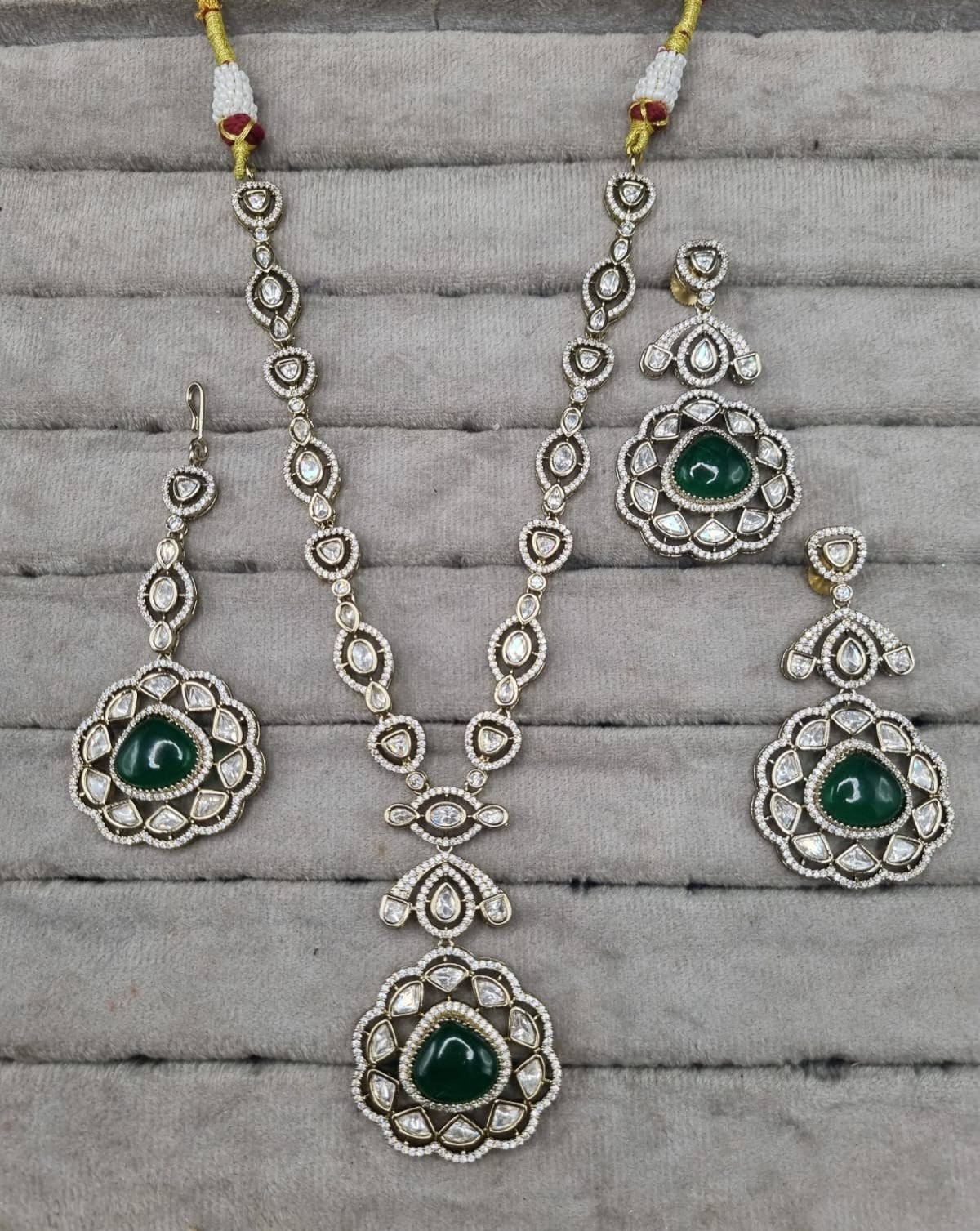 Handcrafted Emerald Green AD Long Necklace Set