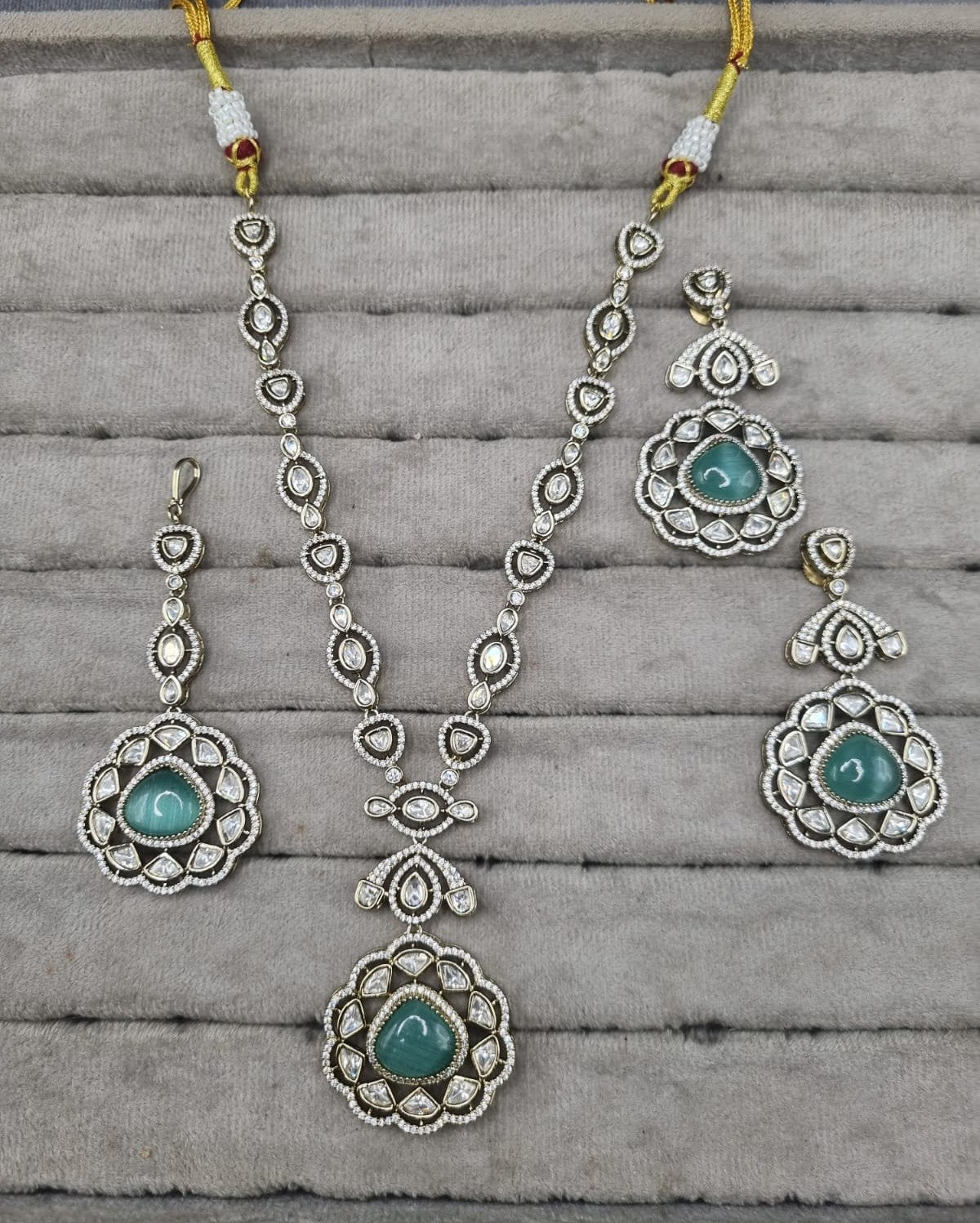 Handcrafted Emerald Green AD Long Necklace Set