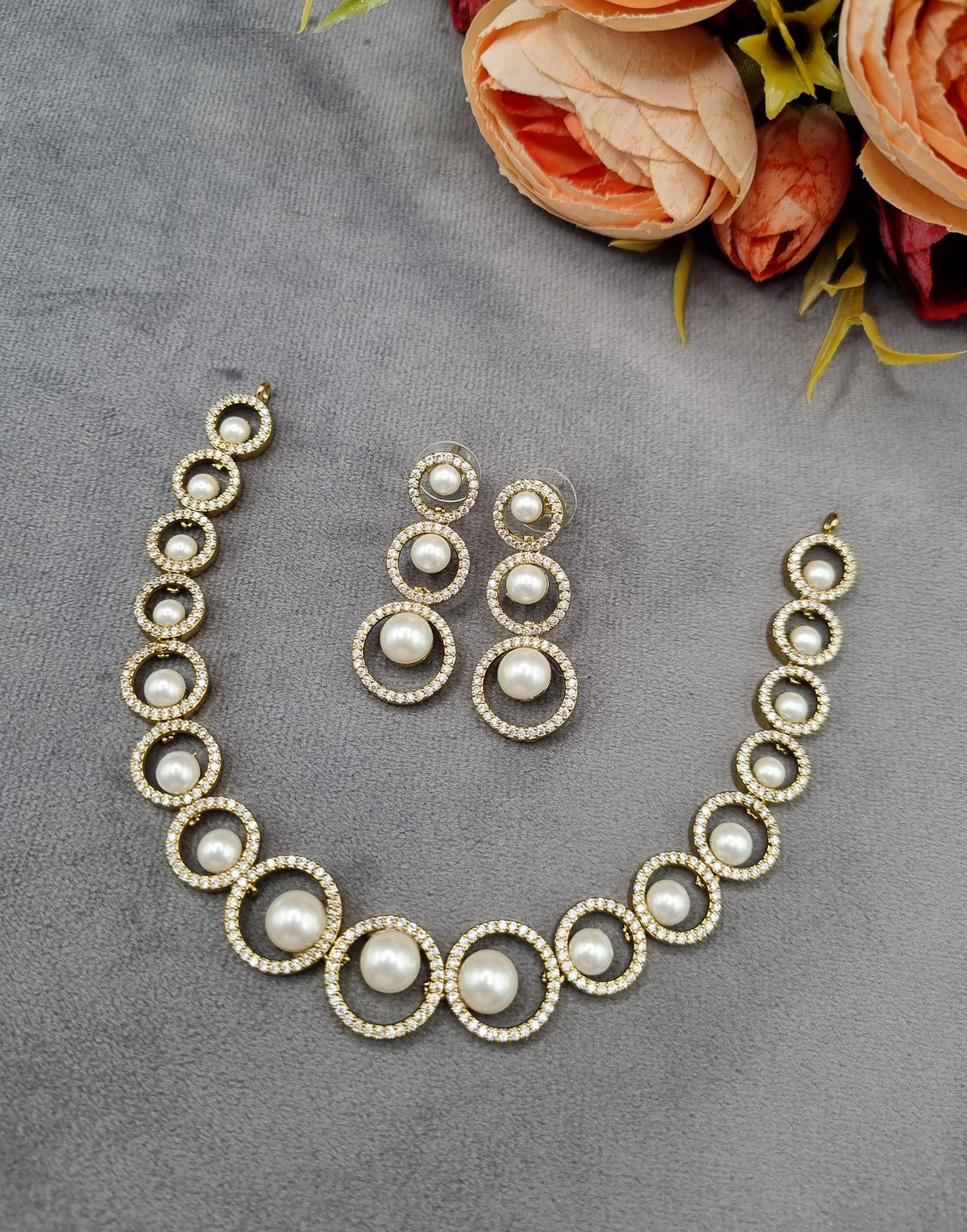 American Diamond Halo Pearl Necklace and Earrings Set