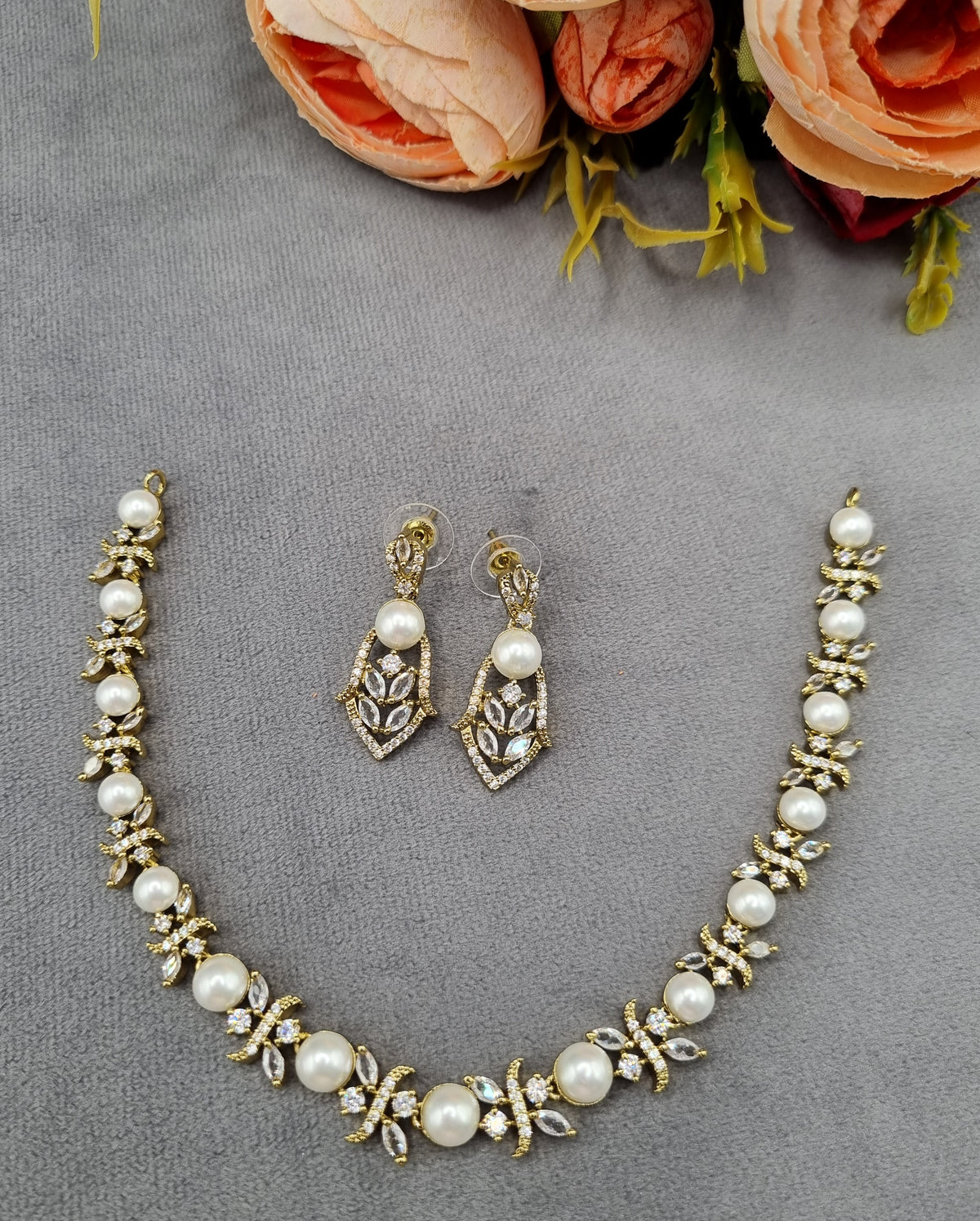 Floral Pearl Choker Necklace and Earrings Set American Diamond