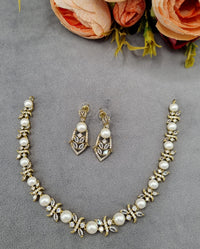 Floral Pearl Choker Necklace and Earrings Set American Diamond