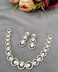 Geometric Halo Pearl & American Diamond Necklace Set with Drop Earrings