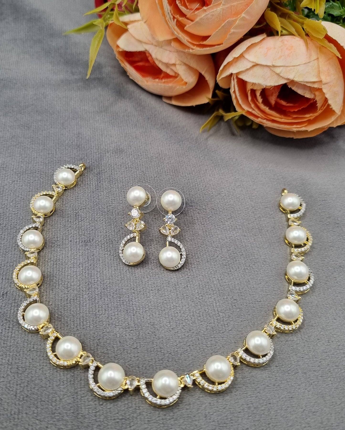 Pearl & American Diamond Crescent Necklace Set with Matching Drop Earrings