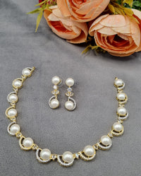 Pearl & American Diamond Crescent Necklace Set with Matching Drop Earrings