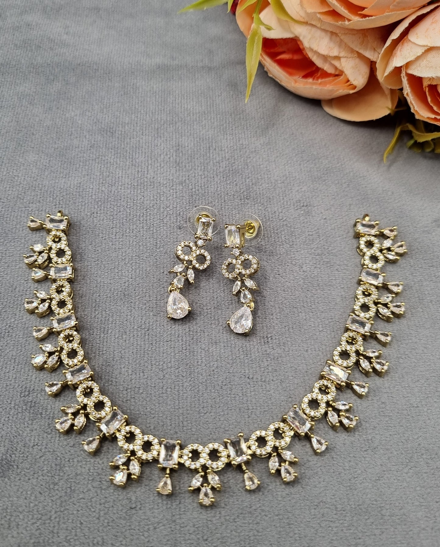 Geometric Baguette & American Diamond Choker Necklace Set with Drop Earrings
