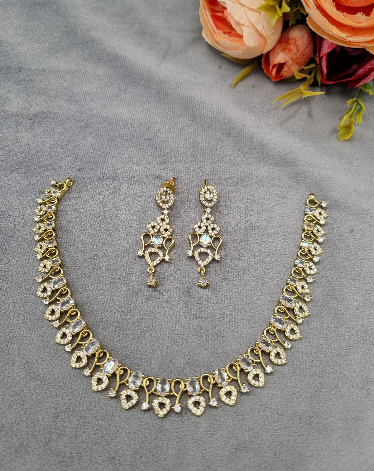 Filigree Paisley American Diamond Necklace Set with Chandelier Earrings