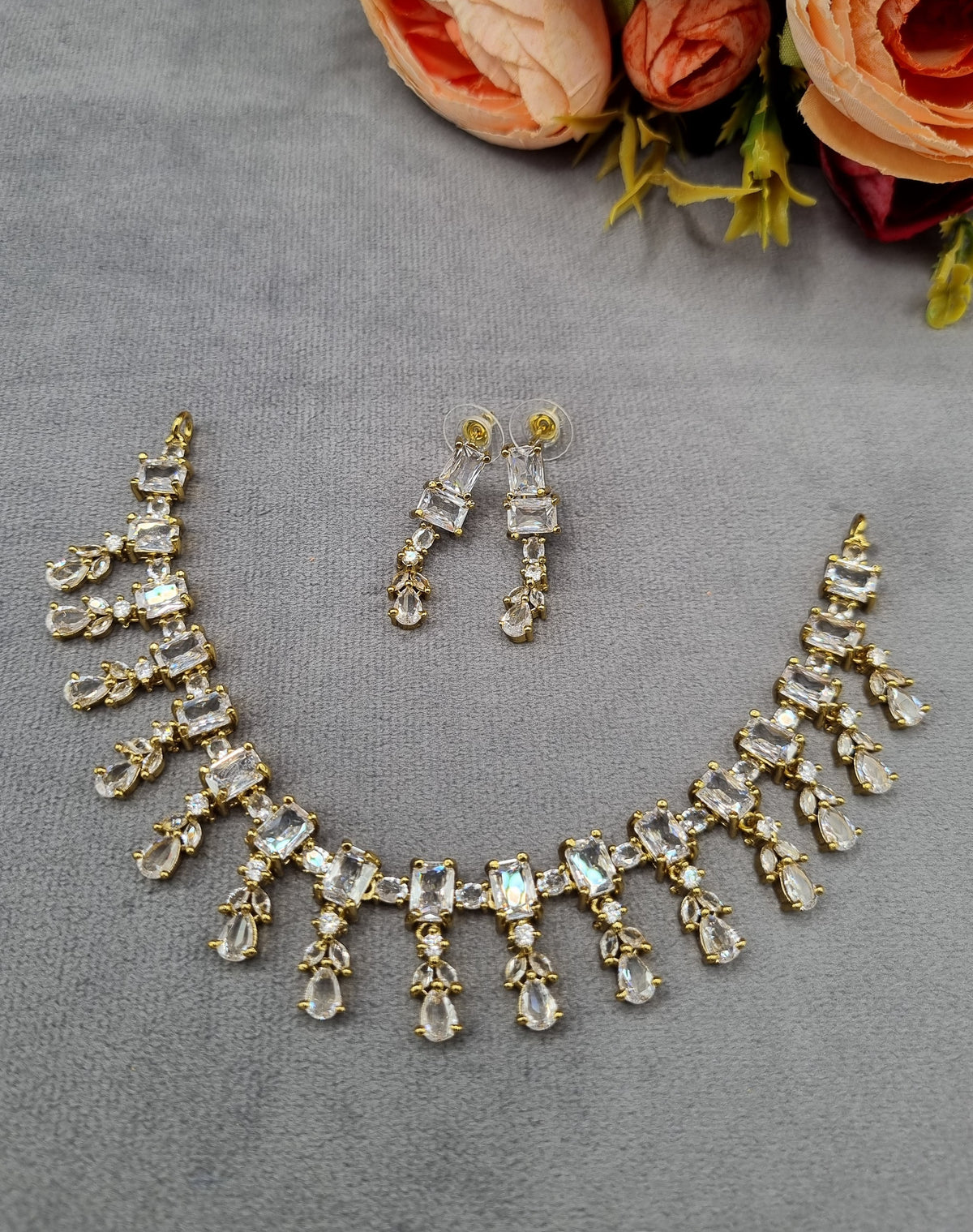 Emerald-Cut American Diamond Fringe Necklace Set with Matching Drop Earrings