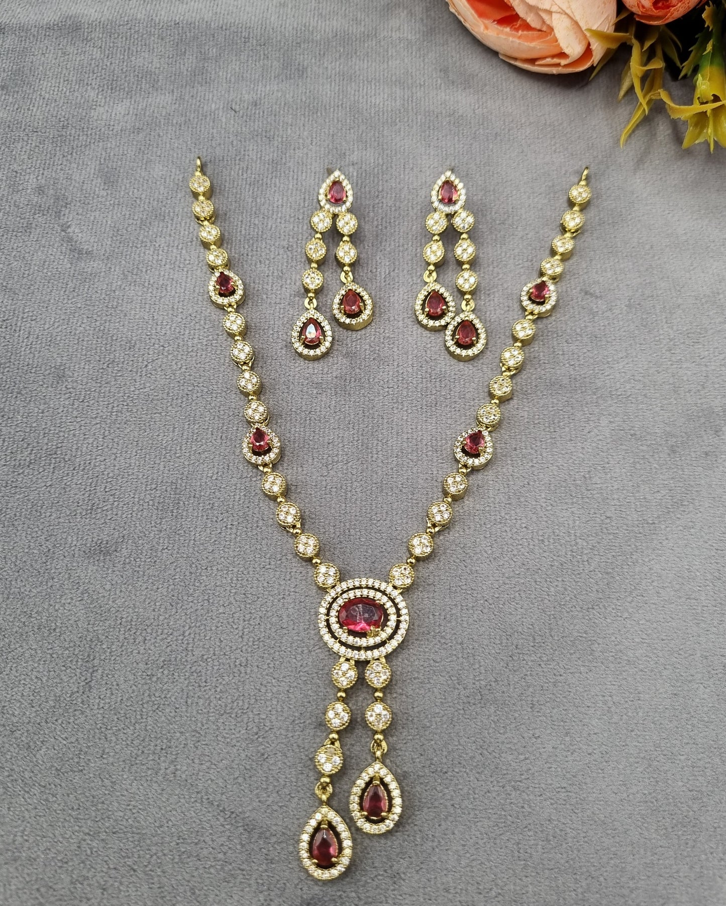 Halo Drop American Diamond Y-Necklace Set
