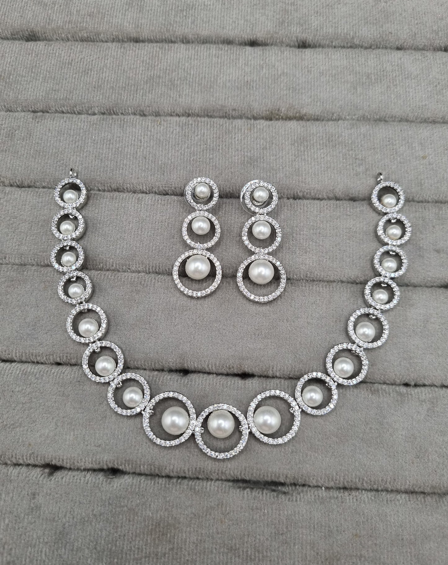 Graduated Pearl Halo Circle American Diamond Necklace Set with Drop Earrings