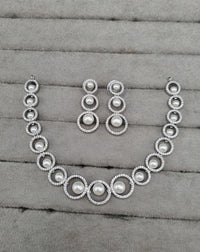 Graduated Pearl Halo Circle American Diamond Necklace Set with Drop Earrings