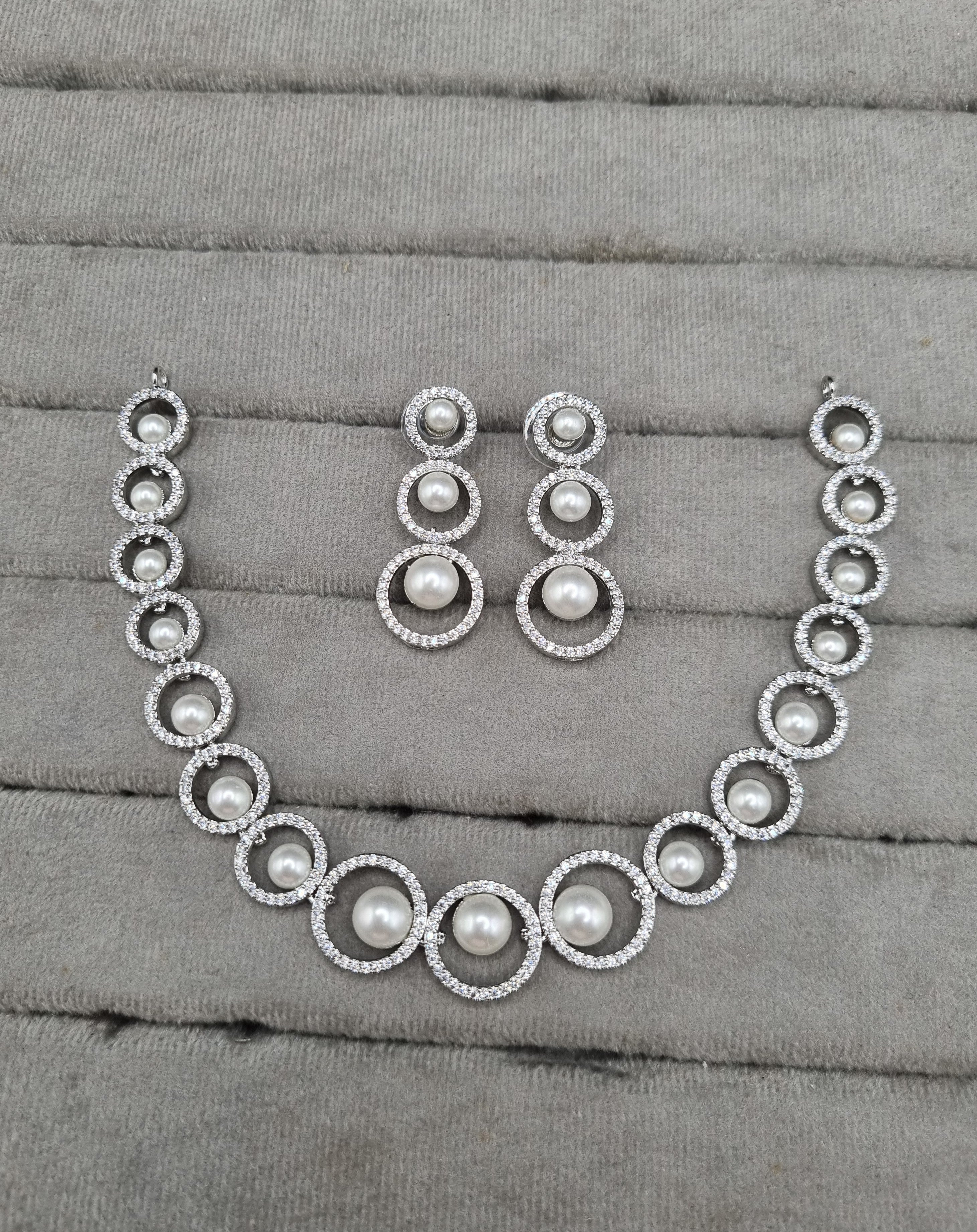 Graduated Pearl Halo Circle American Diamond Necklace Set with Drop Earrings