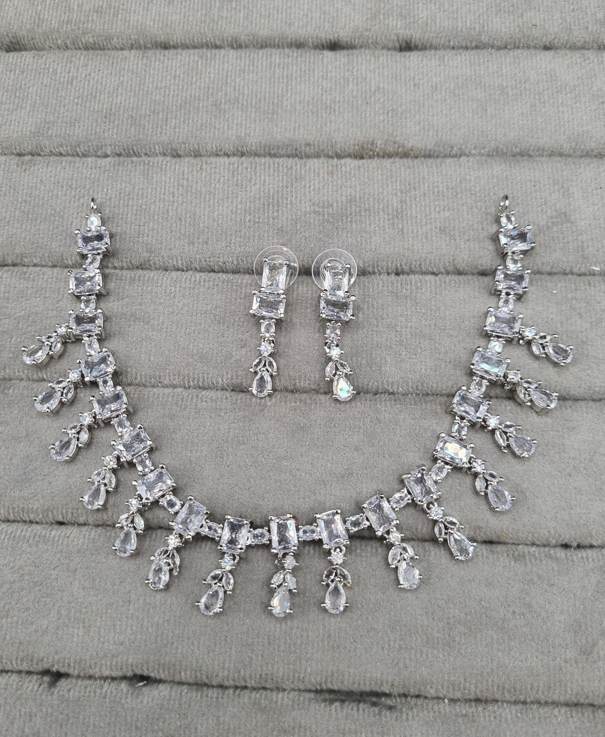 Art Deco Baguette & Teardrop CZ Necklace Set with Matching Drops