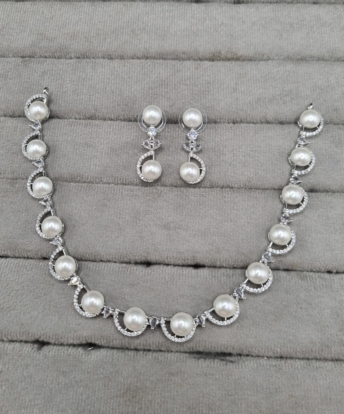 Scalloped Pavé CZ Pearl Choker Set with Matching Drops