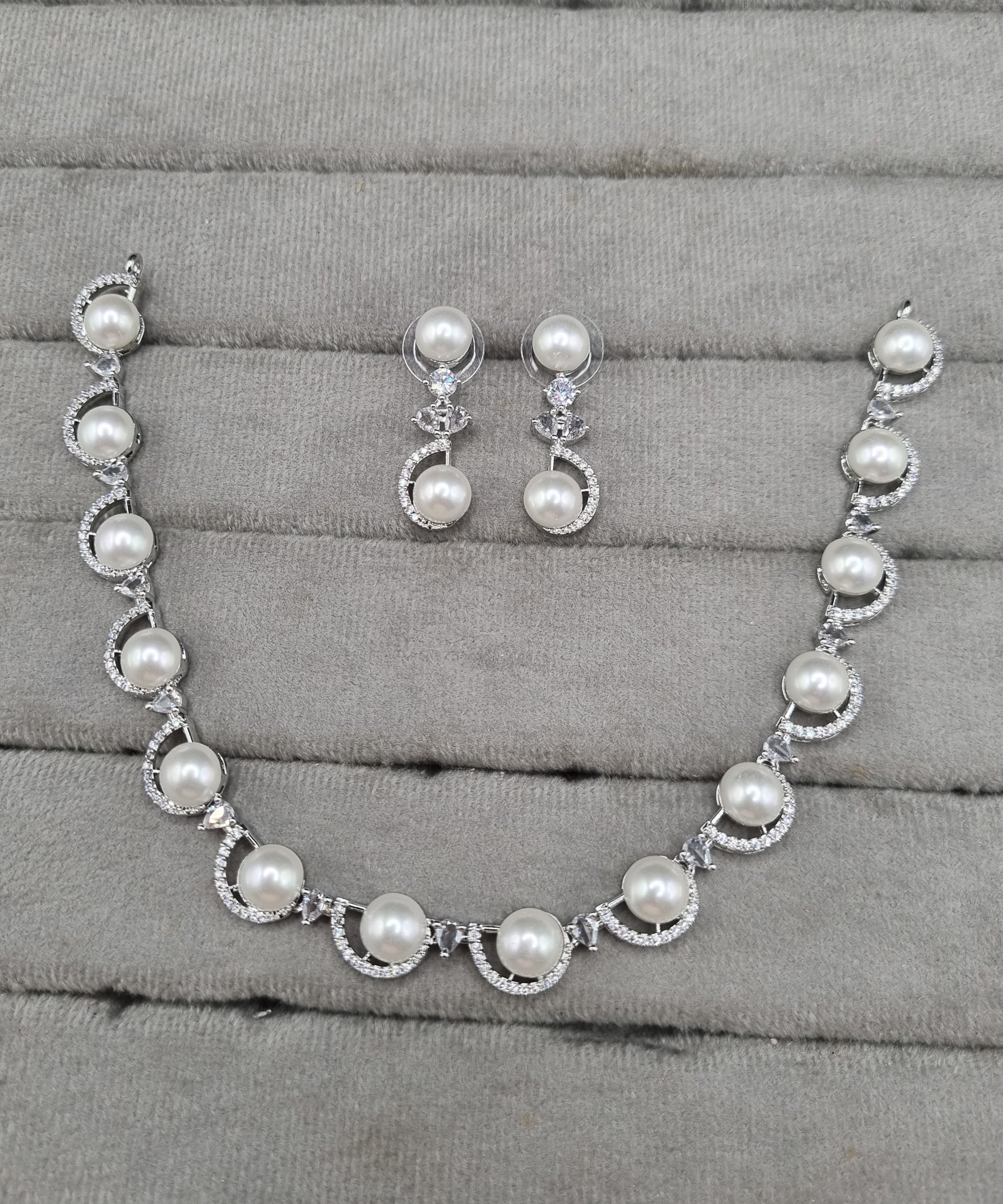 Scalloped Pavé CZ Pearl Choker Set with Matching Drops