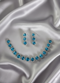 Silver Toned Blue Sparkle Cushion Cut Jewelry Set