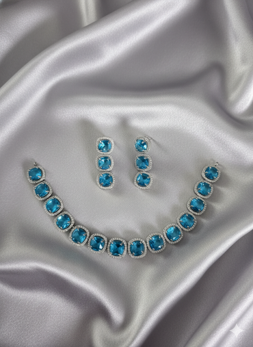 Silver Toned Blue Sparkle Cushion Cut Jewelry Set