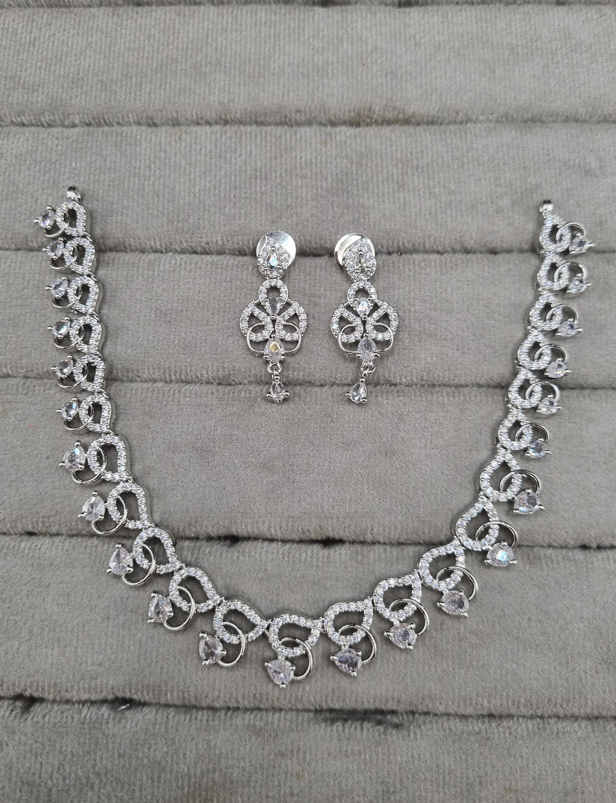 Scroll Wave American Diamond Necklace Set with Teardrop Earrings