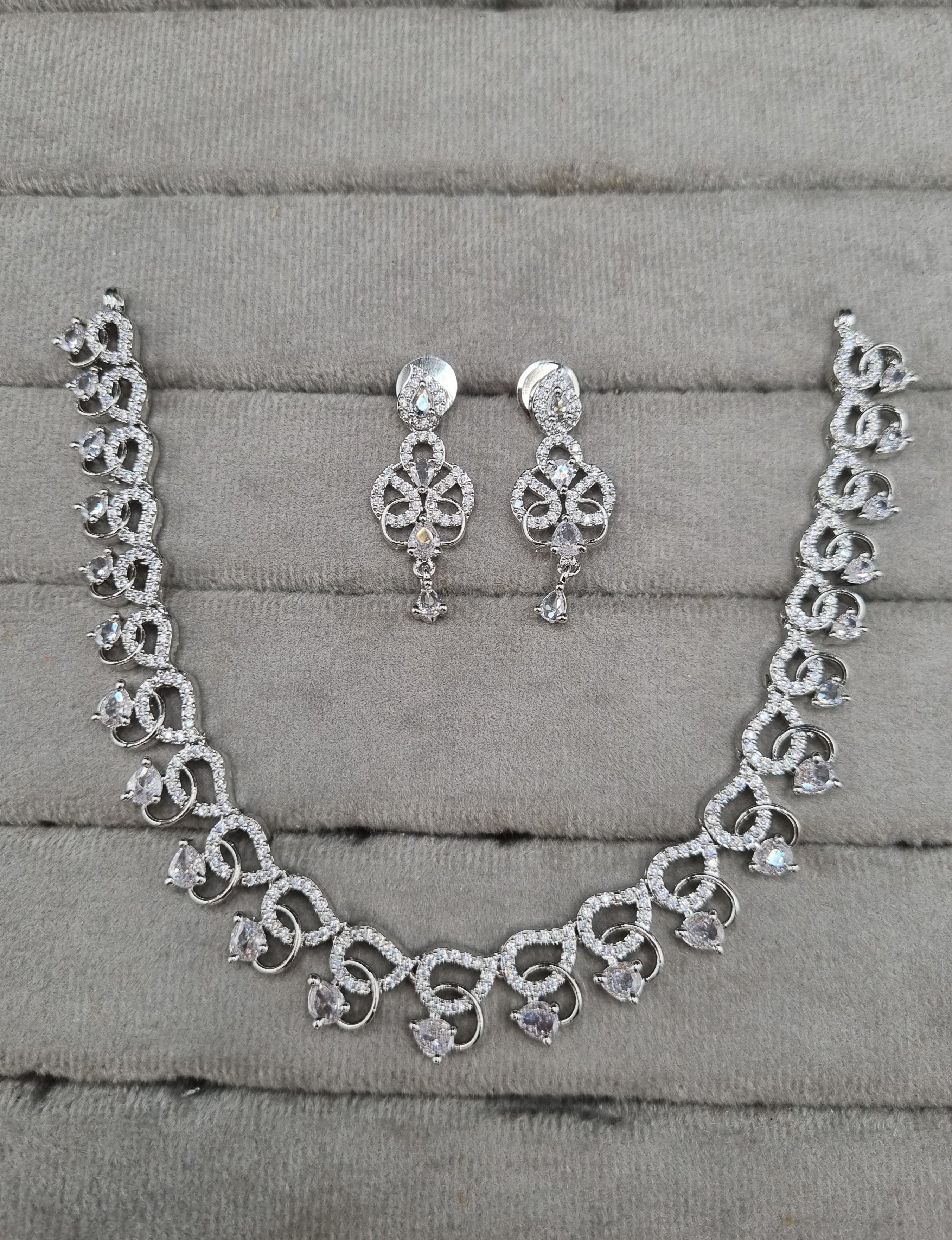 Scroll Wave American Diamond Necklace Set with Teardrop Earrings