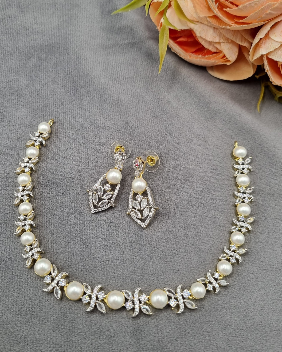 Graduated Pearl & Foliage American Diamond Necklace Set with Drop Earrings