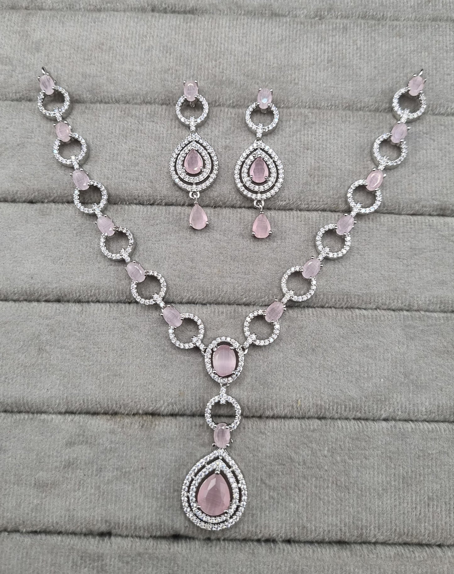 American Diamond Halo Drop Necklace and Earrings Set