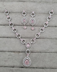 American Diamond Halo Drop Necklace and Earrings Set