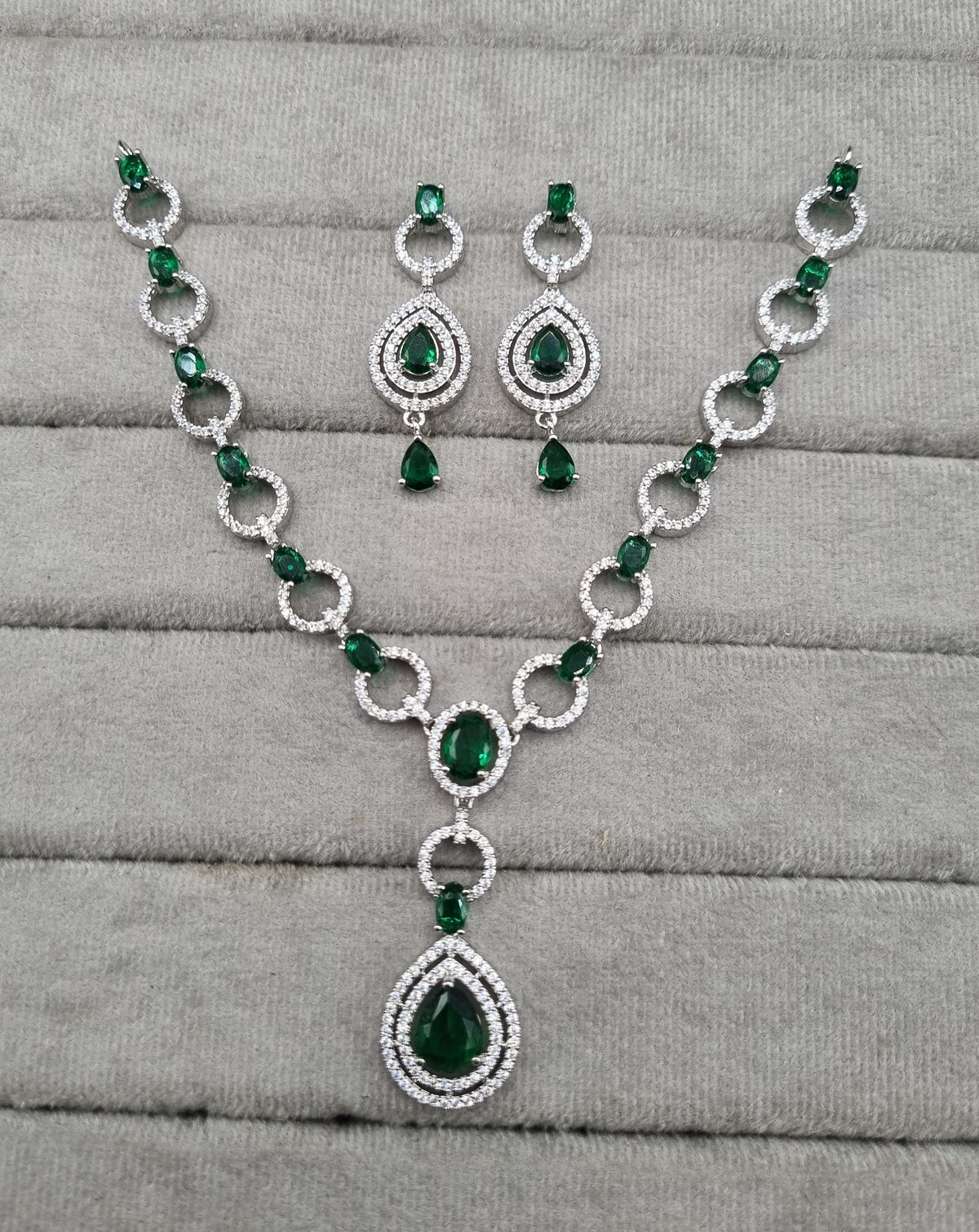 American Diamond Halo Drop Necklace and Earrings Set