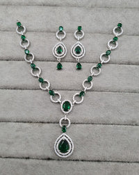 American Diamond Halo Drop Necklace and Earrings Set