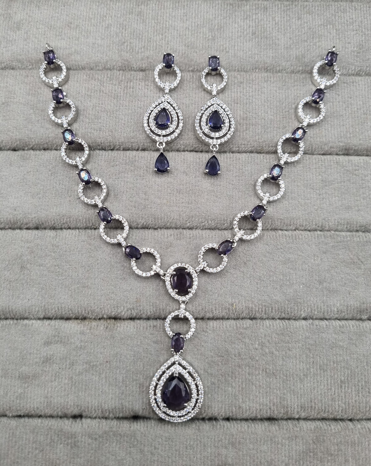 American Diamond Halo Drop Necklace and Earrings Set