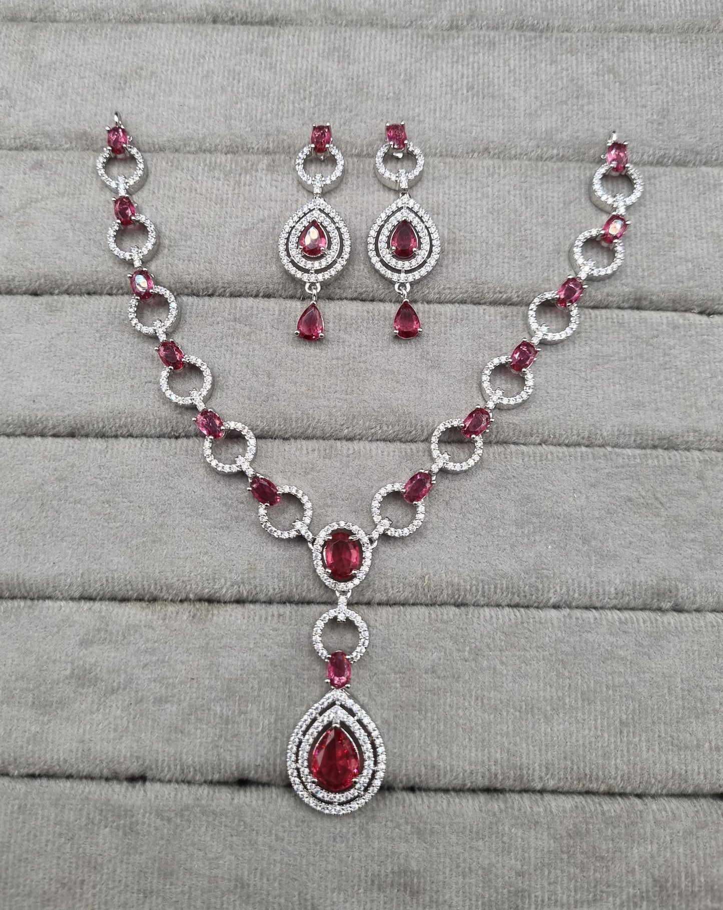 American Diamond Halo Drop Necklace and Earrings Set