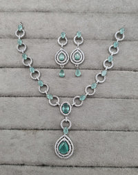 American Diamond Halo Drop Necklace and Earrings Set
