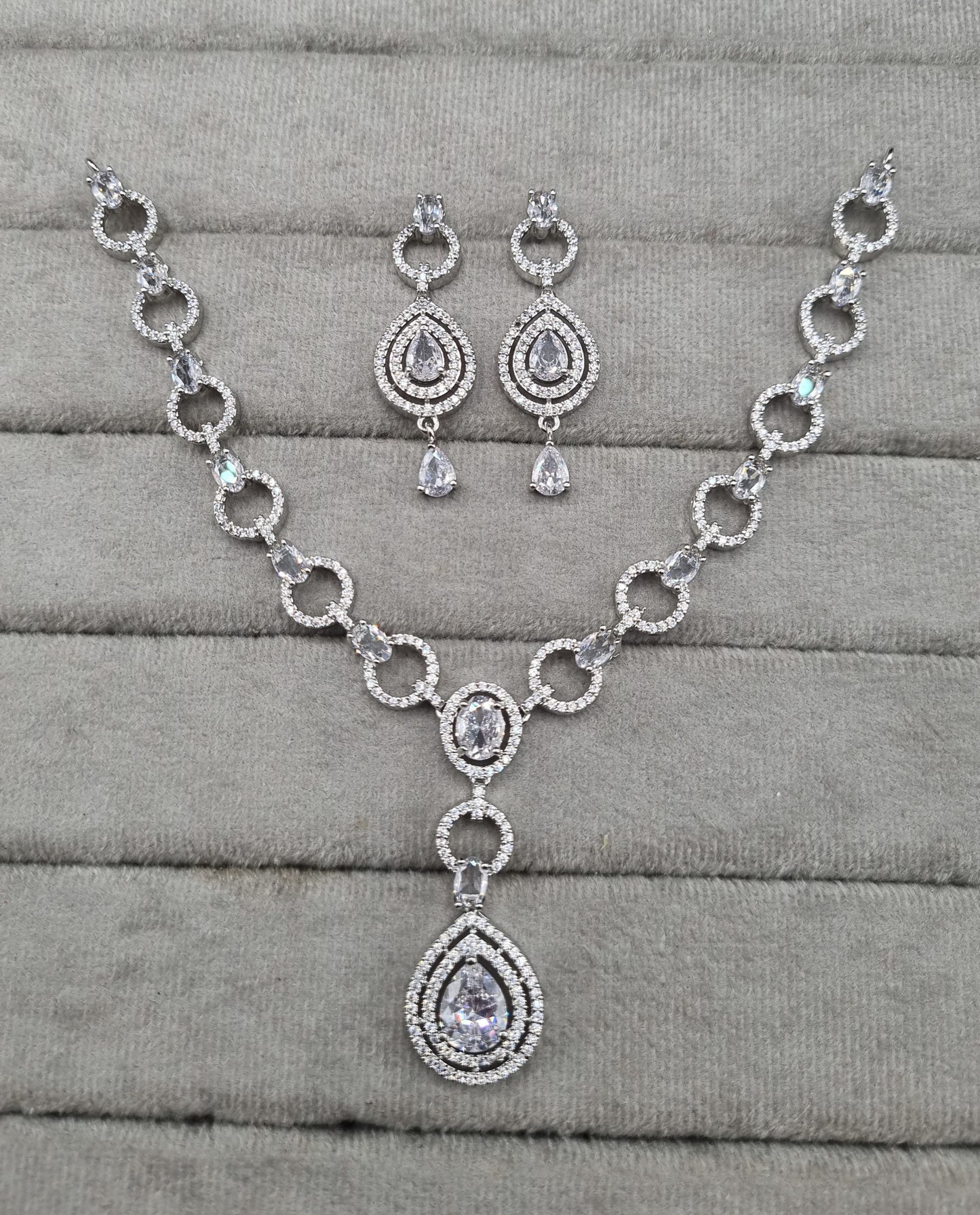 American Diamond Halo Drop Necklace and Earrings Set