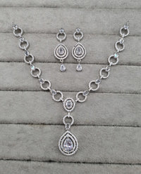 American Diamond Halo Drop Necklace and Earrings Set