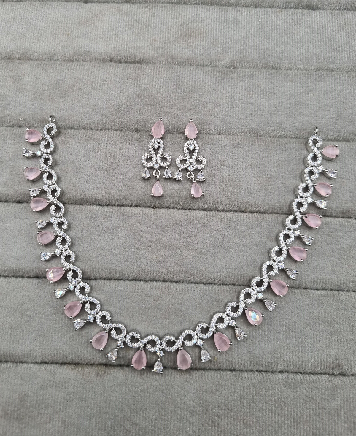 Rhodium Finish CZ Pear Drop Necklace & Earrings Set