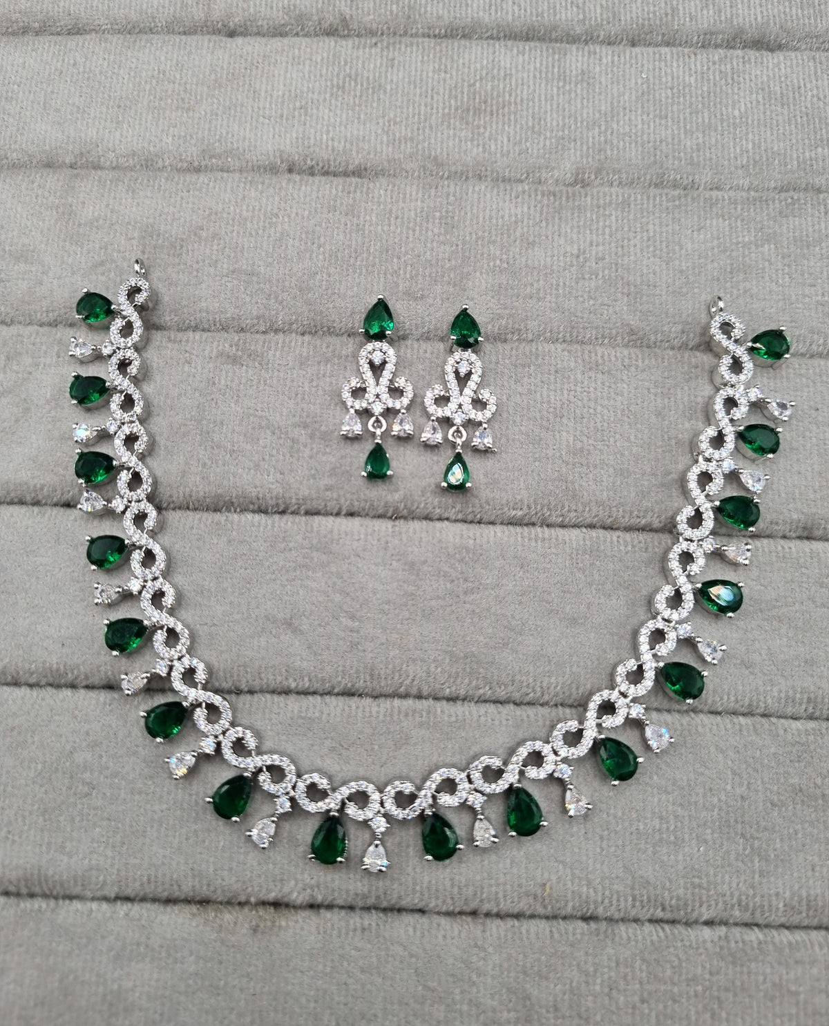 Rhodium Finish CZ Pear Drop Necklace & Earrings Set