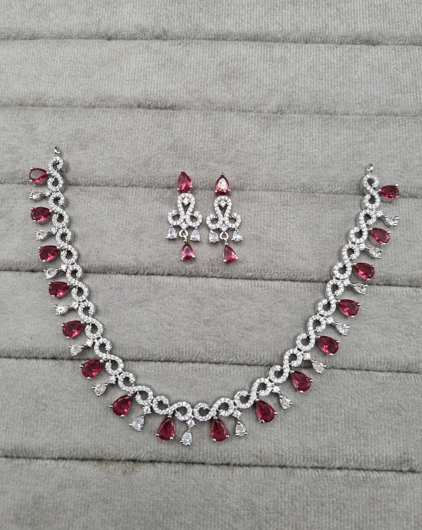 Rhodium Finish CZ Pear Drop Necklace & Earrings Set