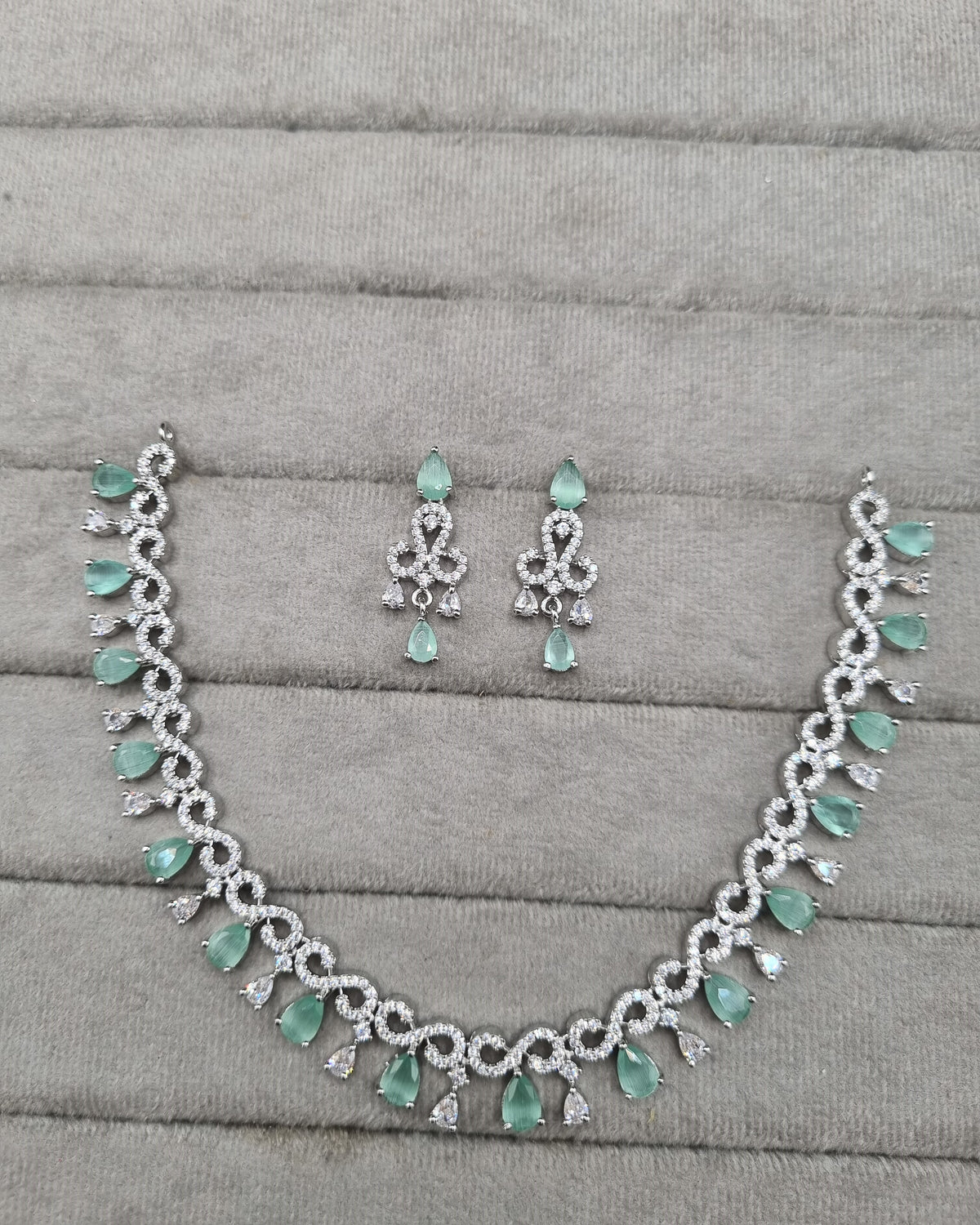 Rhodium Finish CZ Pear Drop Necklace & Earrings Set