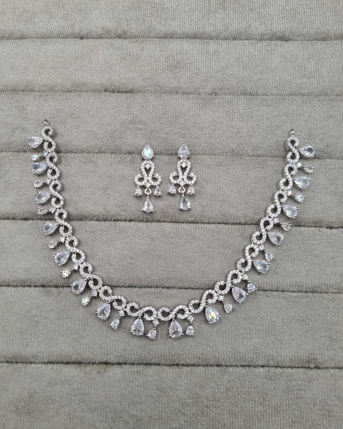 Rhodium Finish CZ Pear Drop Necklace & Earrings Set