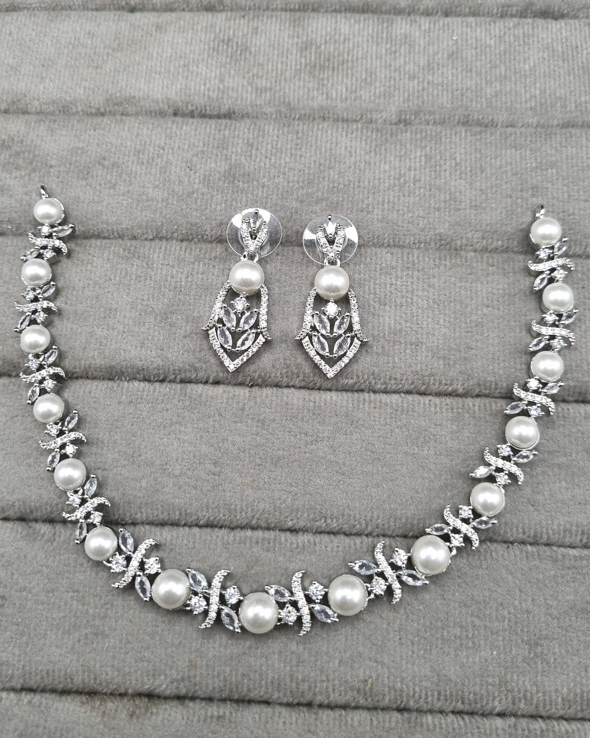 Elegant Botanical Pearl & American Diamond Choker Set