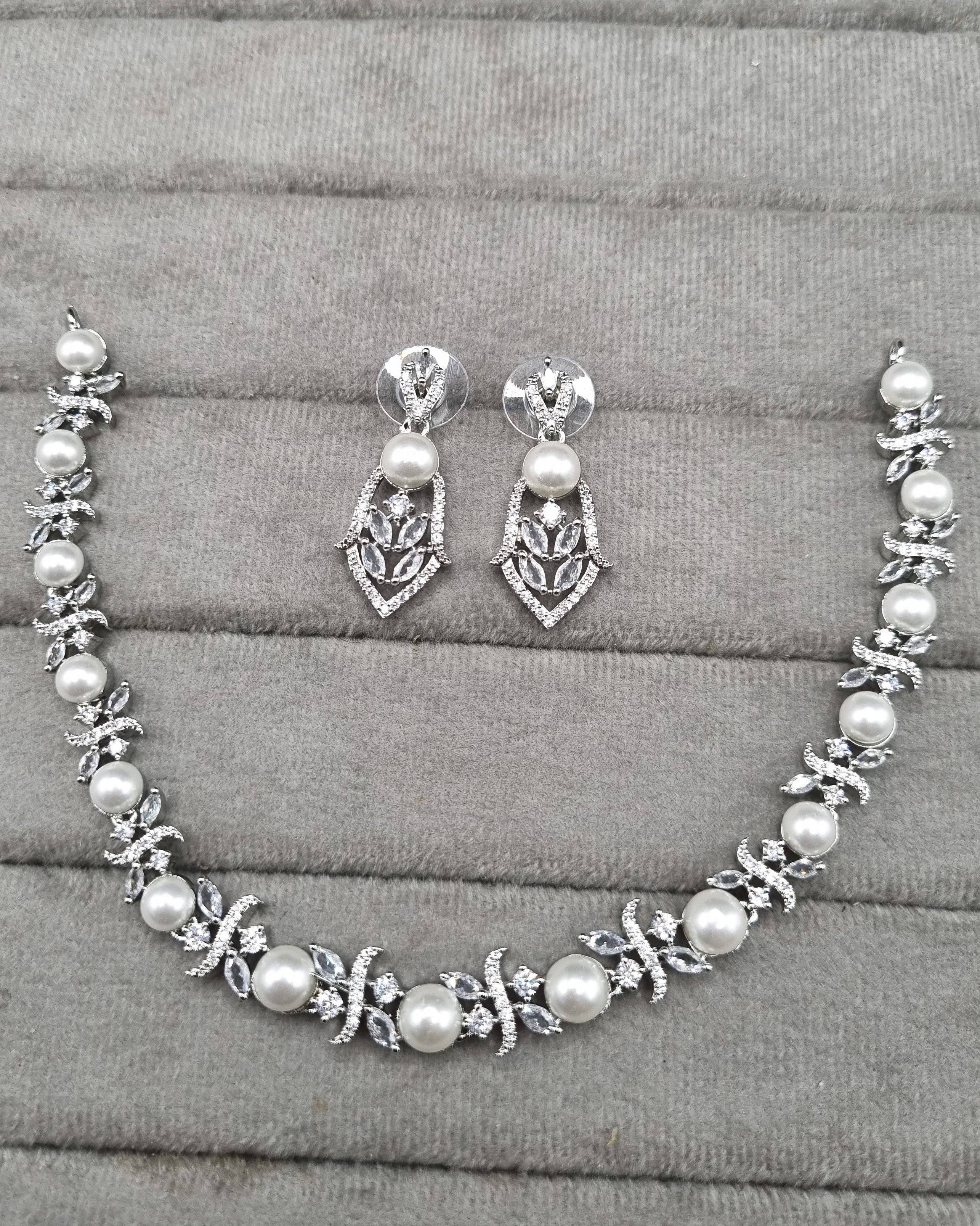 Elegant Botanical Pearl & American Diamond Choker Set