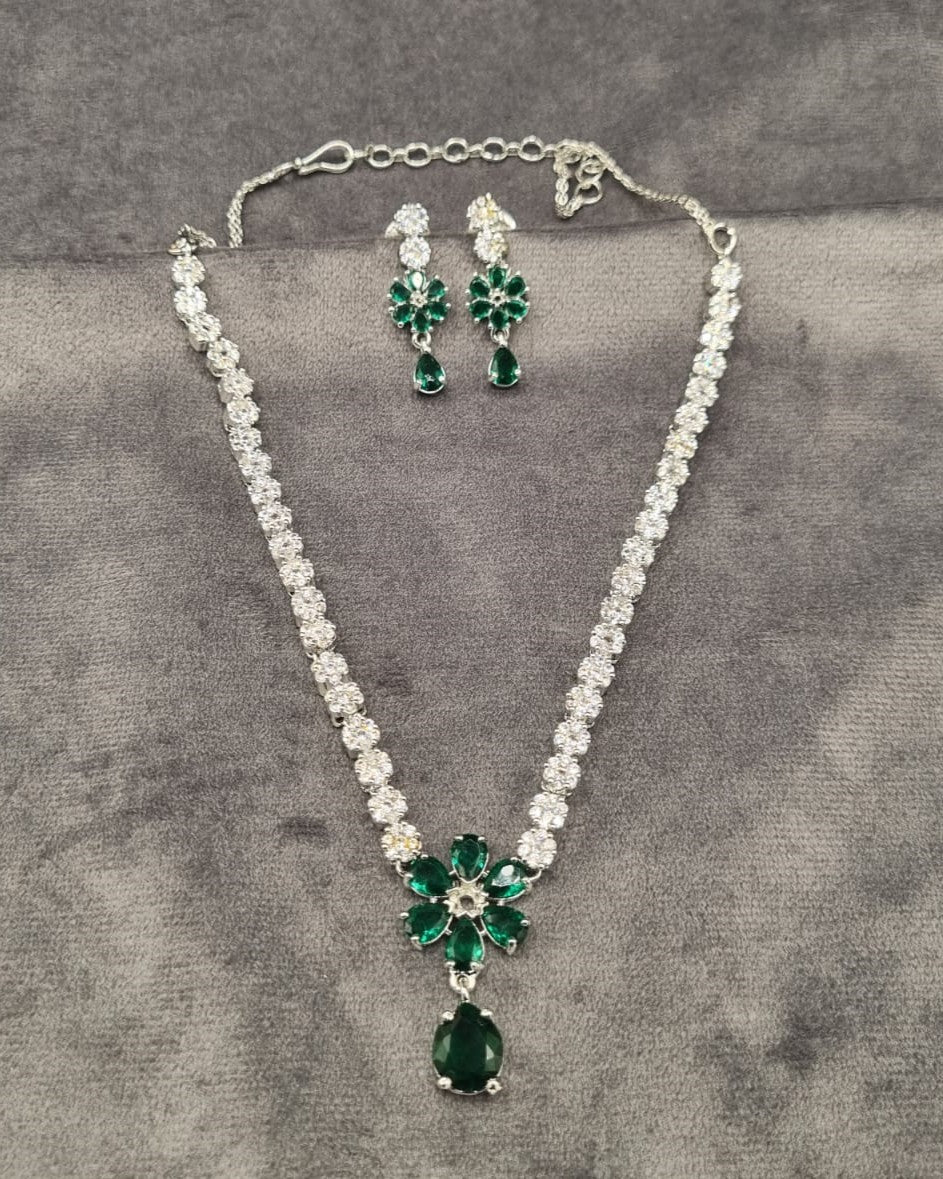 Floral American Diamond Tennis Necklace Set with Drop Earrings