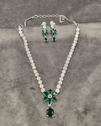 Floral American Diamond Tennis Necklace Set with Drop Earrings