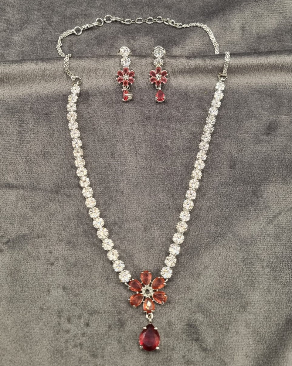 Floral American Diamond Tennis Necklace Set with Drop Earrings