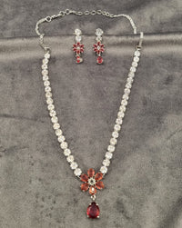 Floral American Diamond Tennis Necklace Set with Drop Earrings