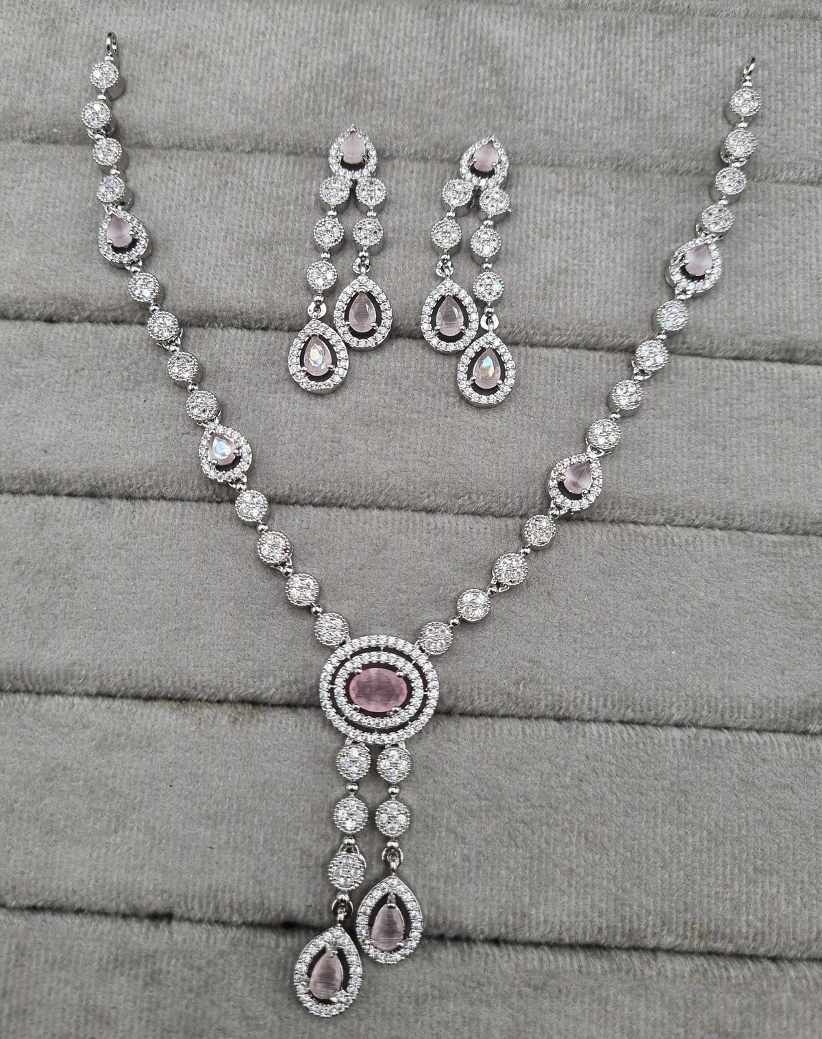 Rhodium Plated American Diamond Drop Necklace Set