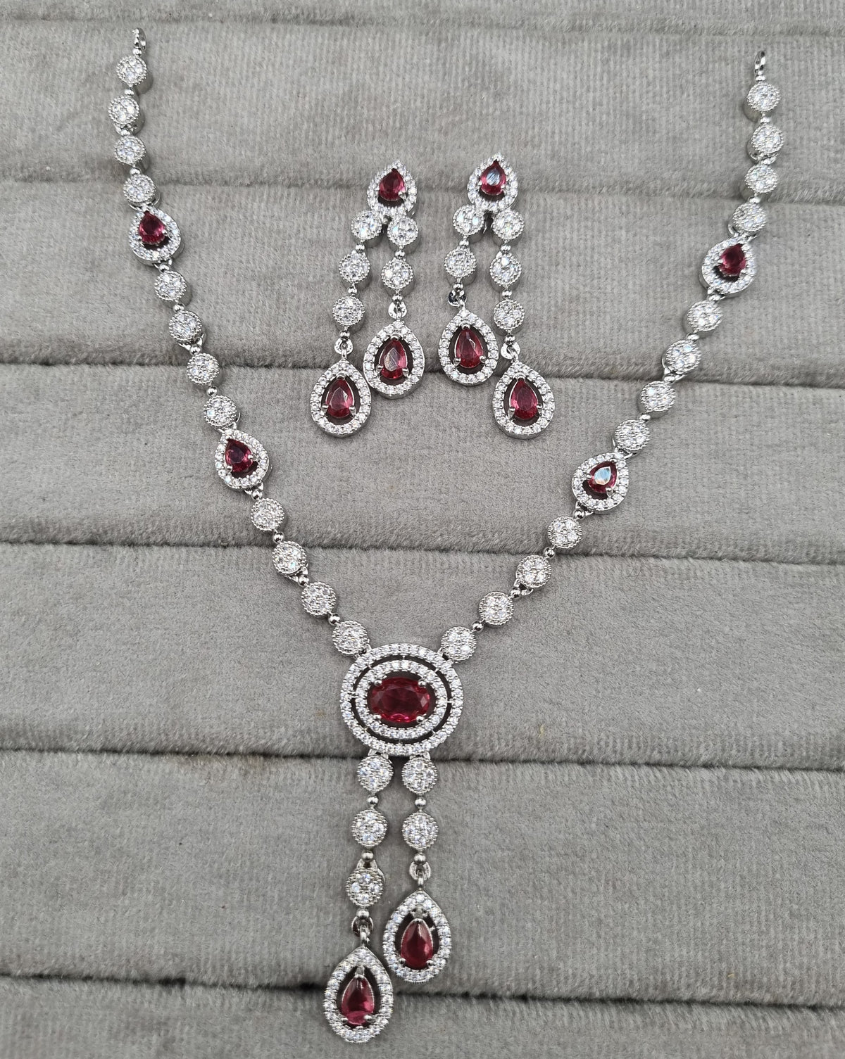 Rhodium Plated American Diamond Drop Necklace Set