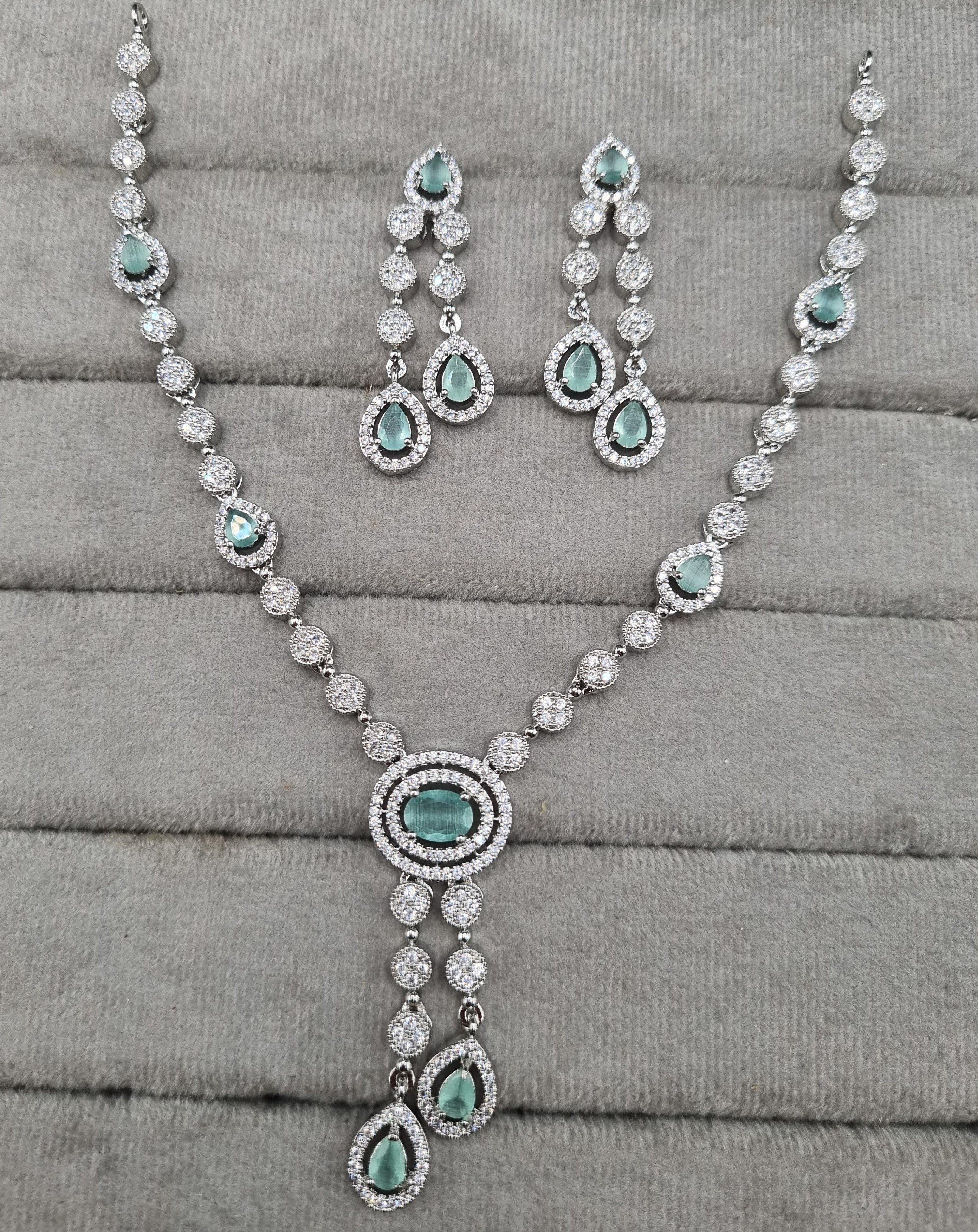Rhodium Plated American Diamond Drop Necklace Set