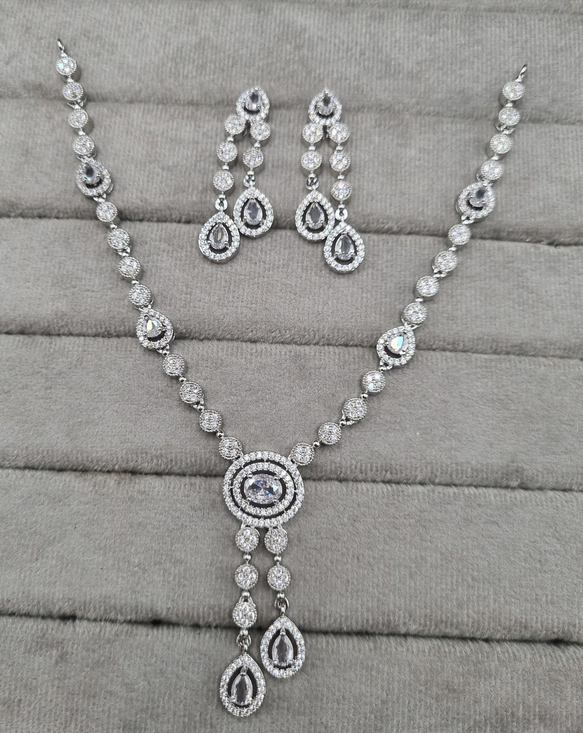 Rhodium Plated American Diamond Drop Necklace Set