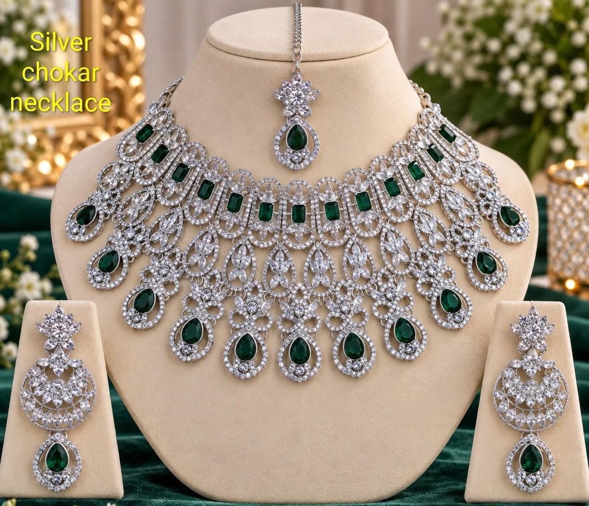 American Diamond Bridal Choker Necklace Set with Earrings & Maang Tikka