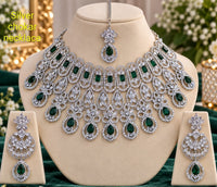 American Diamond Bridal Choker Necklace Set with Earrings & Maang Tikka