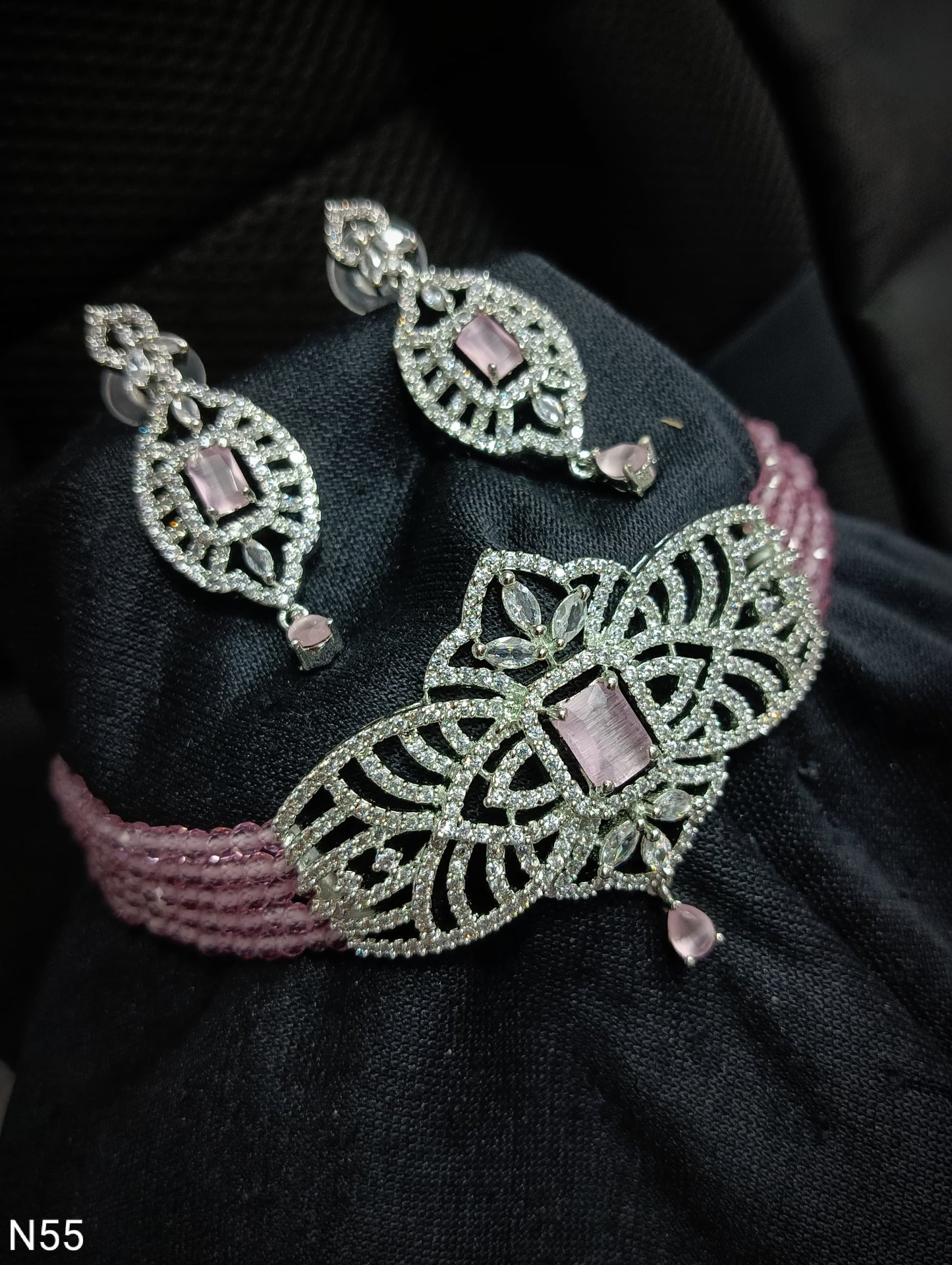 Pastel Pink Multi-Strand Pearl & AD Choker Set